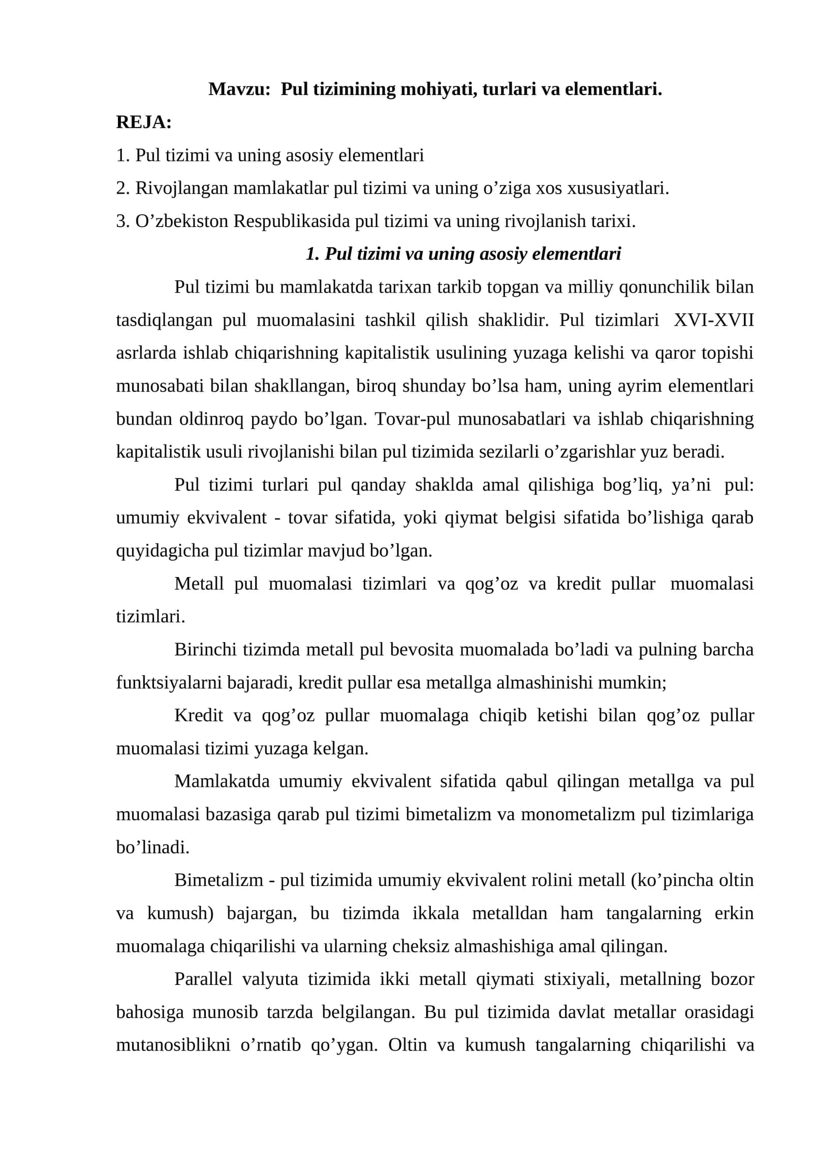 Pul tizimining mohiyati, turlari va elementlari 1
