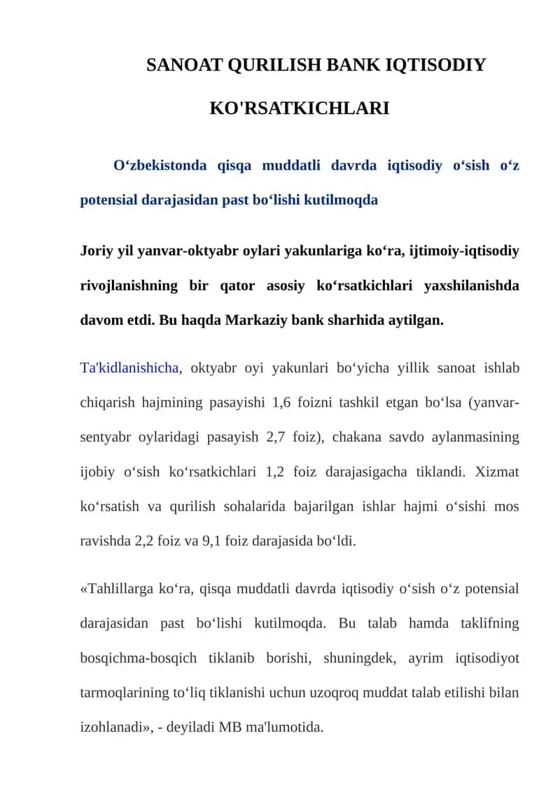 SANOAT QURILISH BANK IQTISODIY KO'RSATKICHLARI 1
