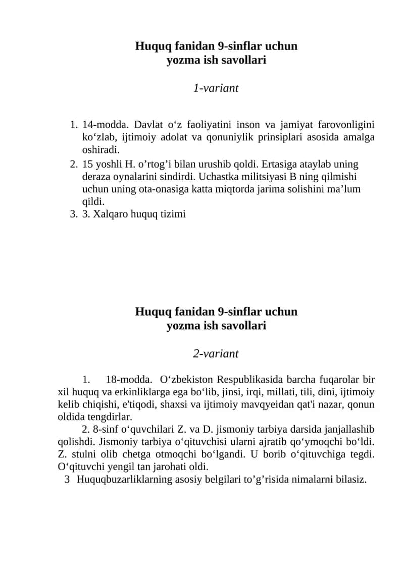 Huquq fanidan 9-sinflar uchun yozma ish savollari 1