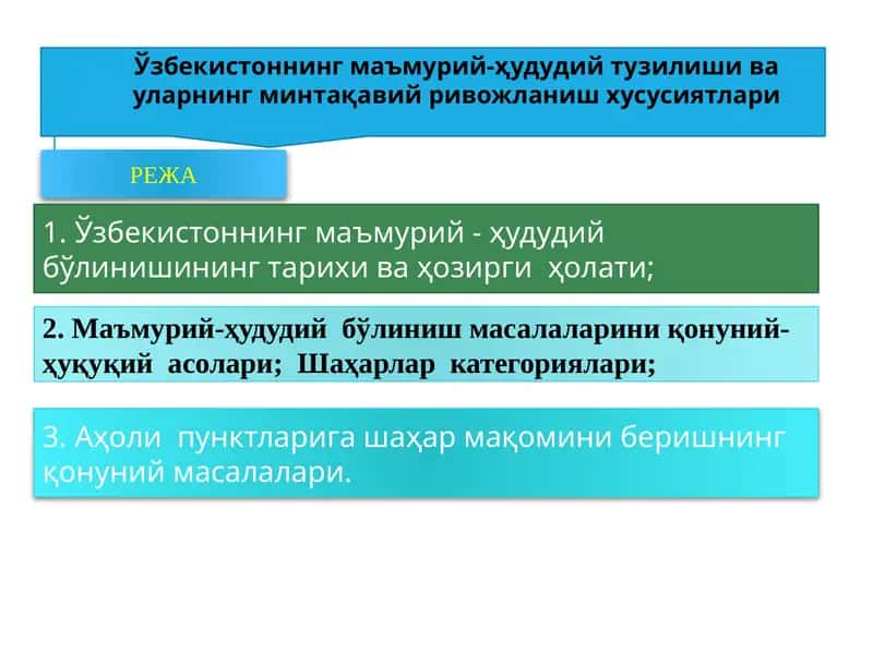 Ўзбекистоннинг маъмурий-ҳудудий тузилиши ва уларнинг минтақавий ривожланиш хусусиятлари 1