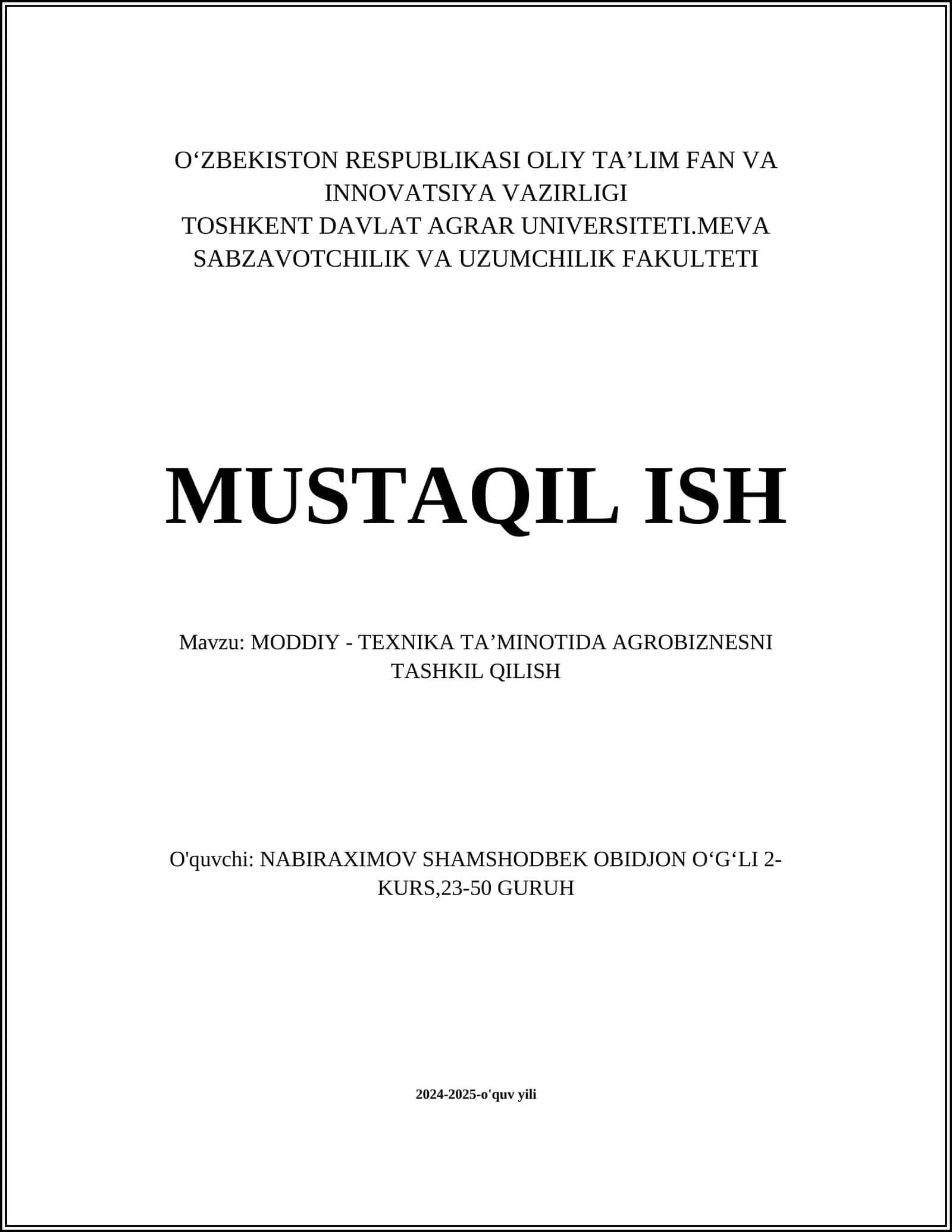MODDIY - TEXNIKA TA’MINOTIDA AGROBIZNESNI TASHKIL QILISH 1