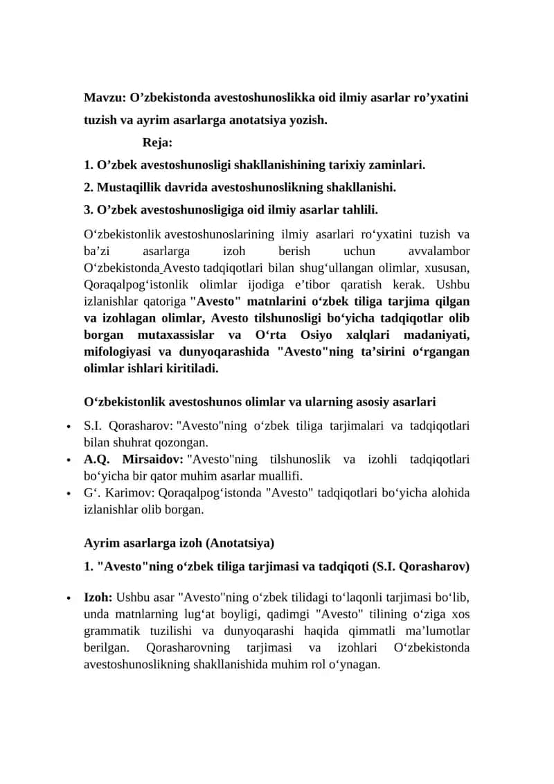 O‘zbekistonda avestoshunoslikka oid ilmiy asarlar ro’yxatini tuzish va ayrim asarlarga anotatsiya yozish 1