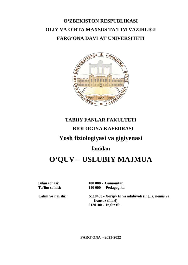Yosh fiziologiyasi va gigiyenasi o‘quv-uslubiy majmuasi 1