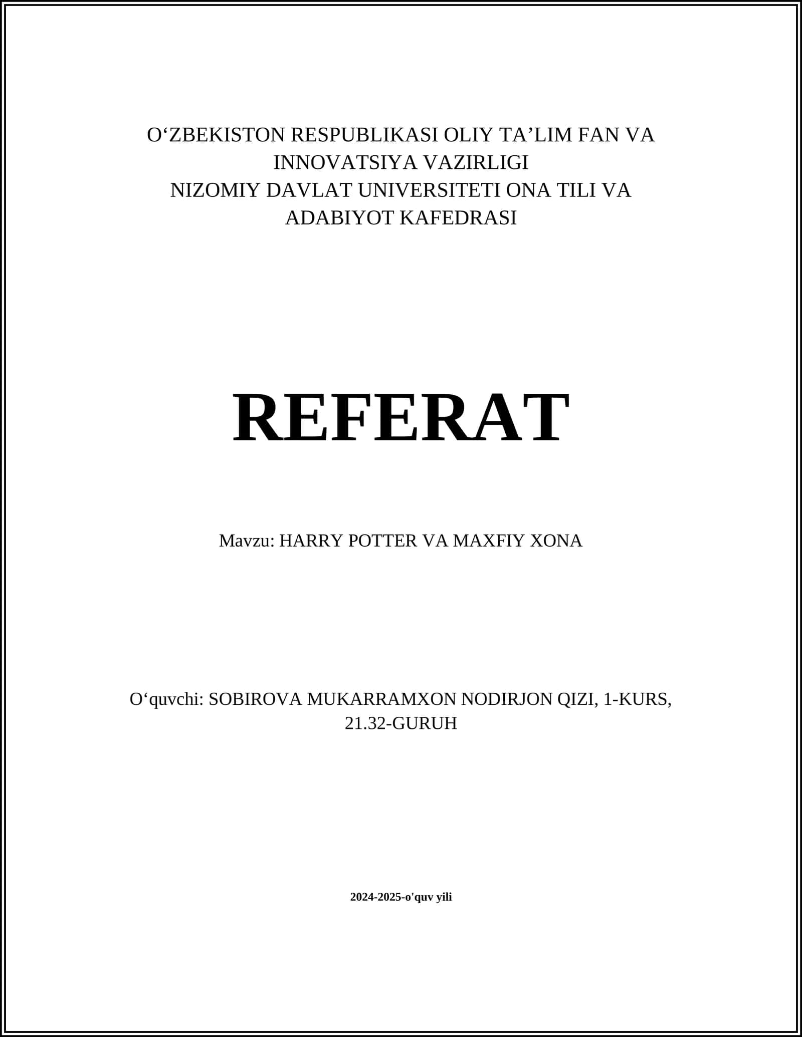 HARRY POTTER VA MAXFIY XONA 1