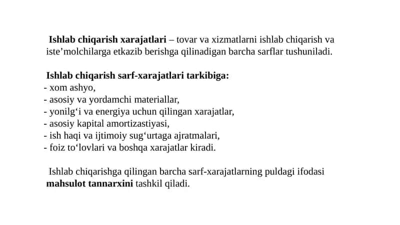 Ishlabchiqarish xarajatlari 1