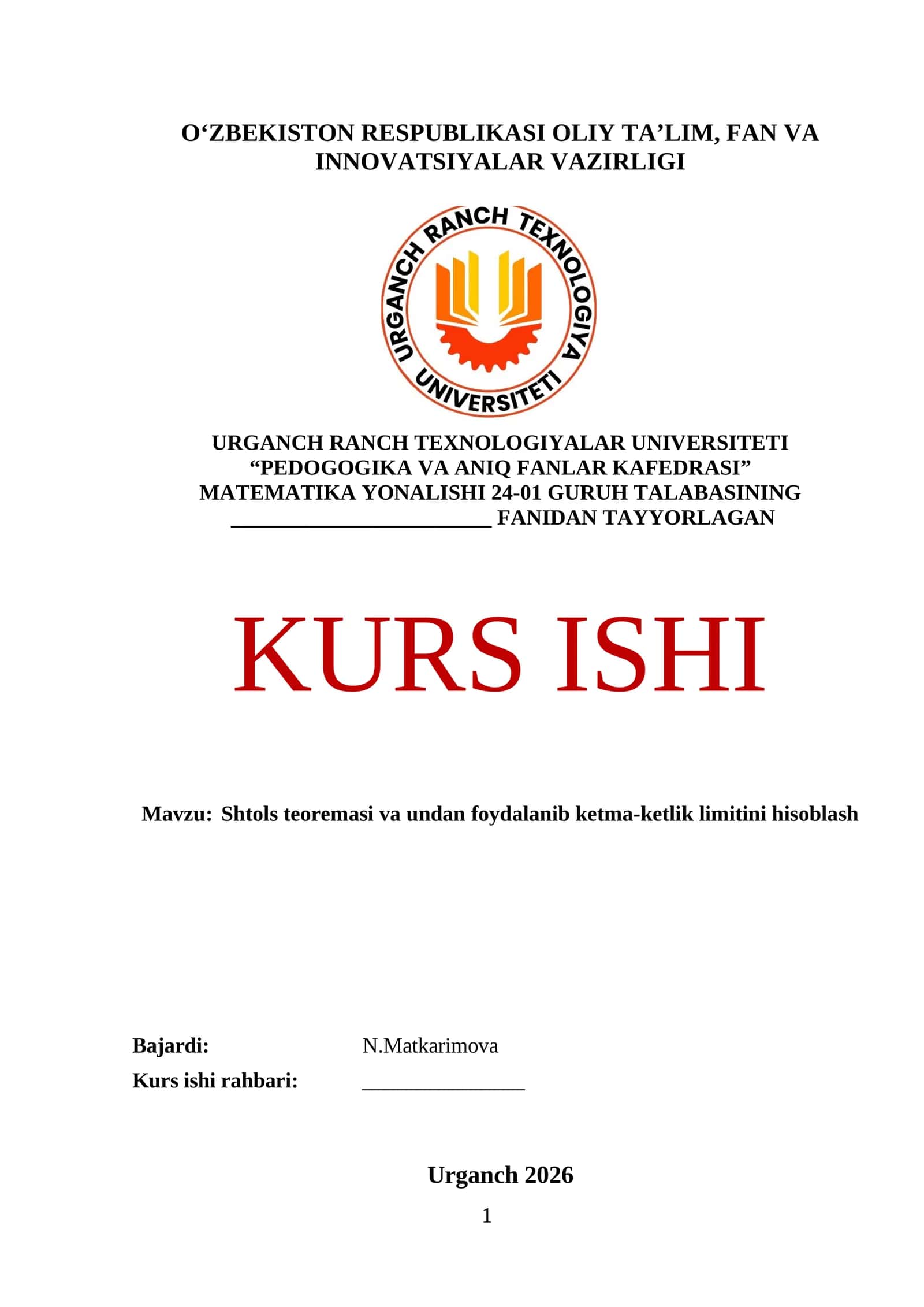 Shtols teoremasi va undan foydalanib ketma-ketlik limitini hisoblash 1