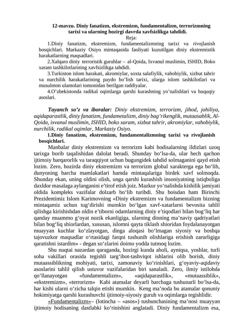 Diniy fanatizm, ekstremizm, fundamentalizm, terrorizmning tarixi va ularning hozirgi davrda xavfsizlikga tahdidi 1