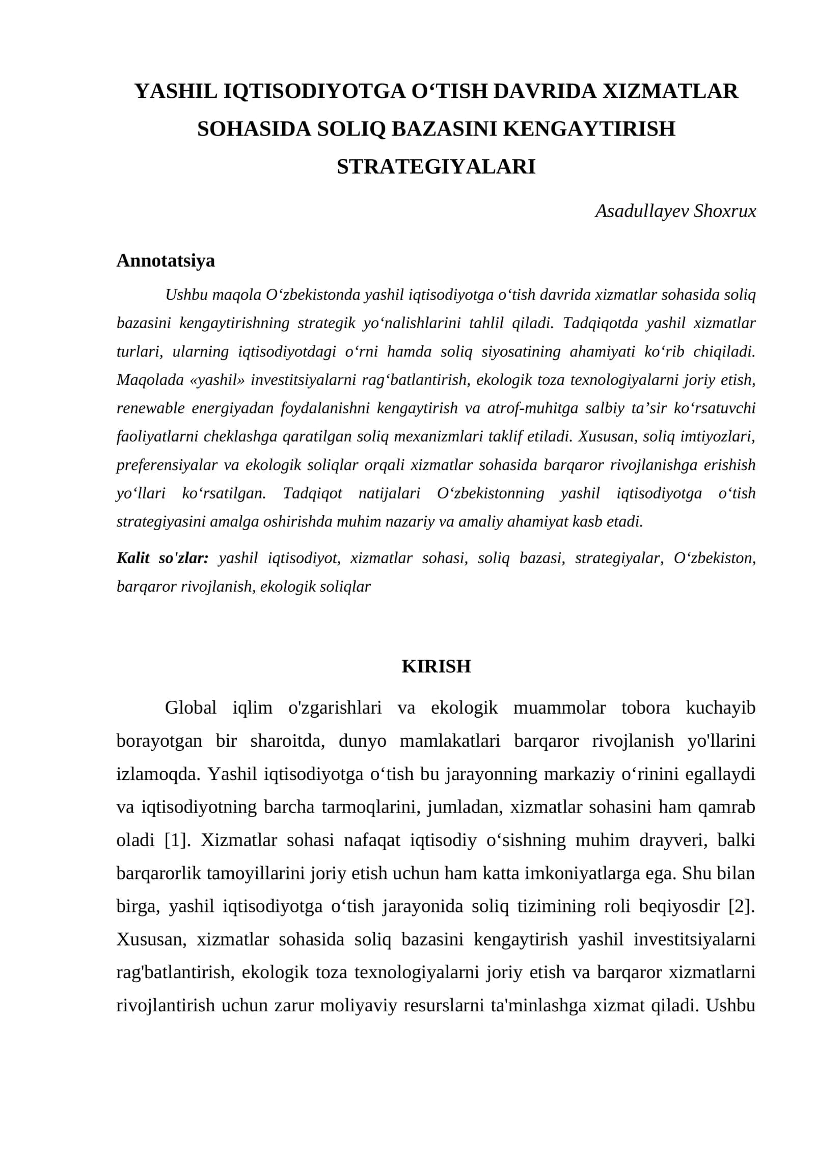 YASHIL IQTISODIYOTGA OʻTISH DAVRIDA XIZMATLAR SOHASIDA SOLIQ BAZASINI KENGAYTIRISH STRATEGIYALARI 1