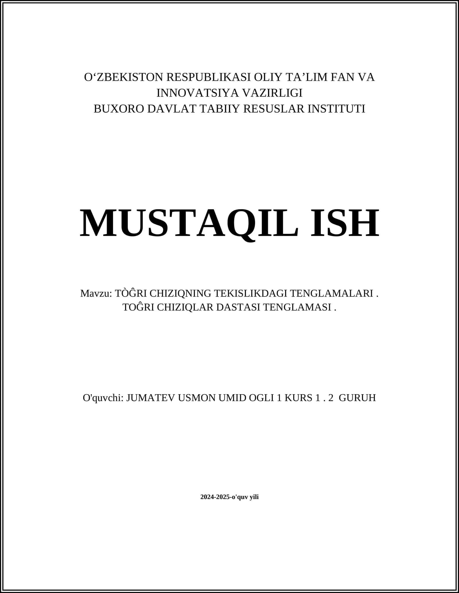 TÒĜRI CHIZIQNING TEKISLIKDAGI TENGLAMALARI. TOĜRI CHIZIQLAR DASTASI TENGLAMASI 1