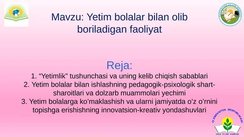 Yetim bolalar bilan olib boriladigan faoliyat 1