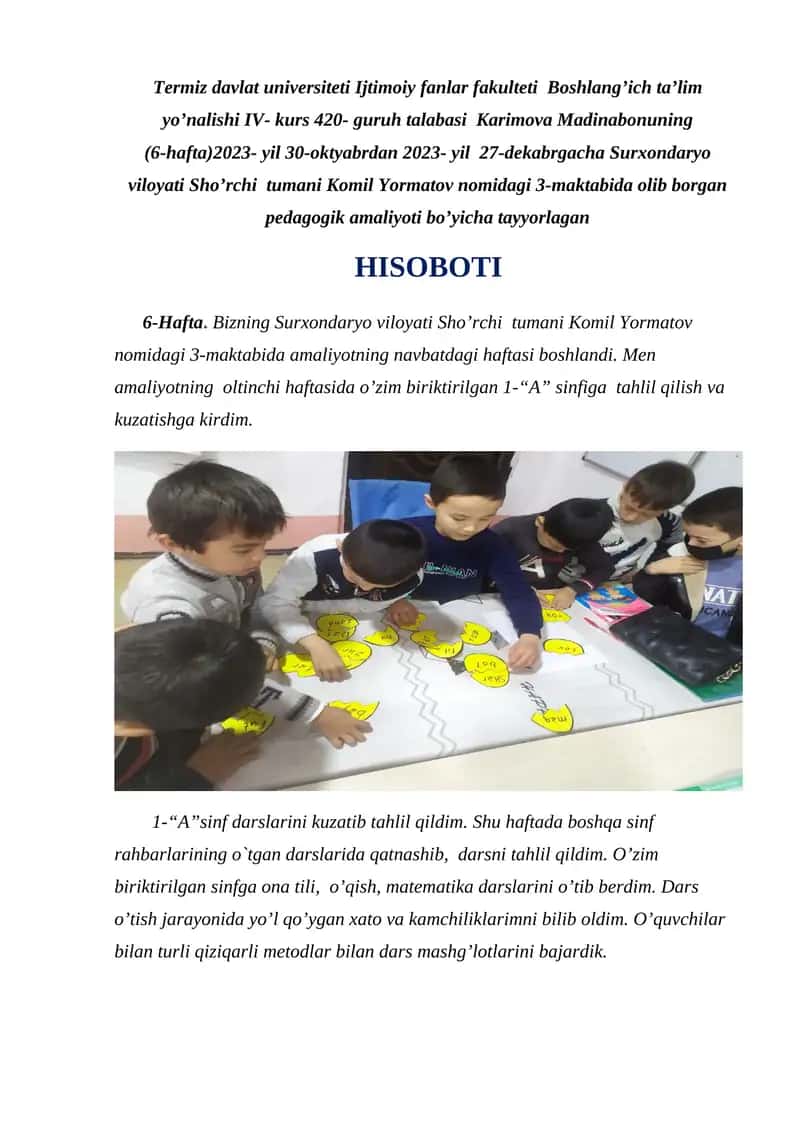 Amaliyotning Navbatdagi Haftasi Hisoboti 1
