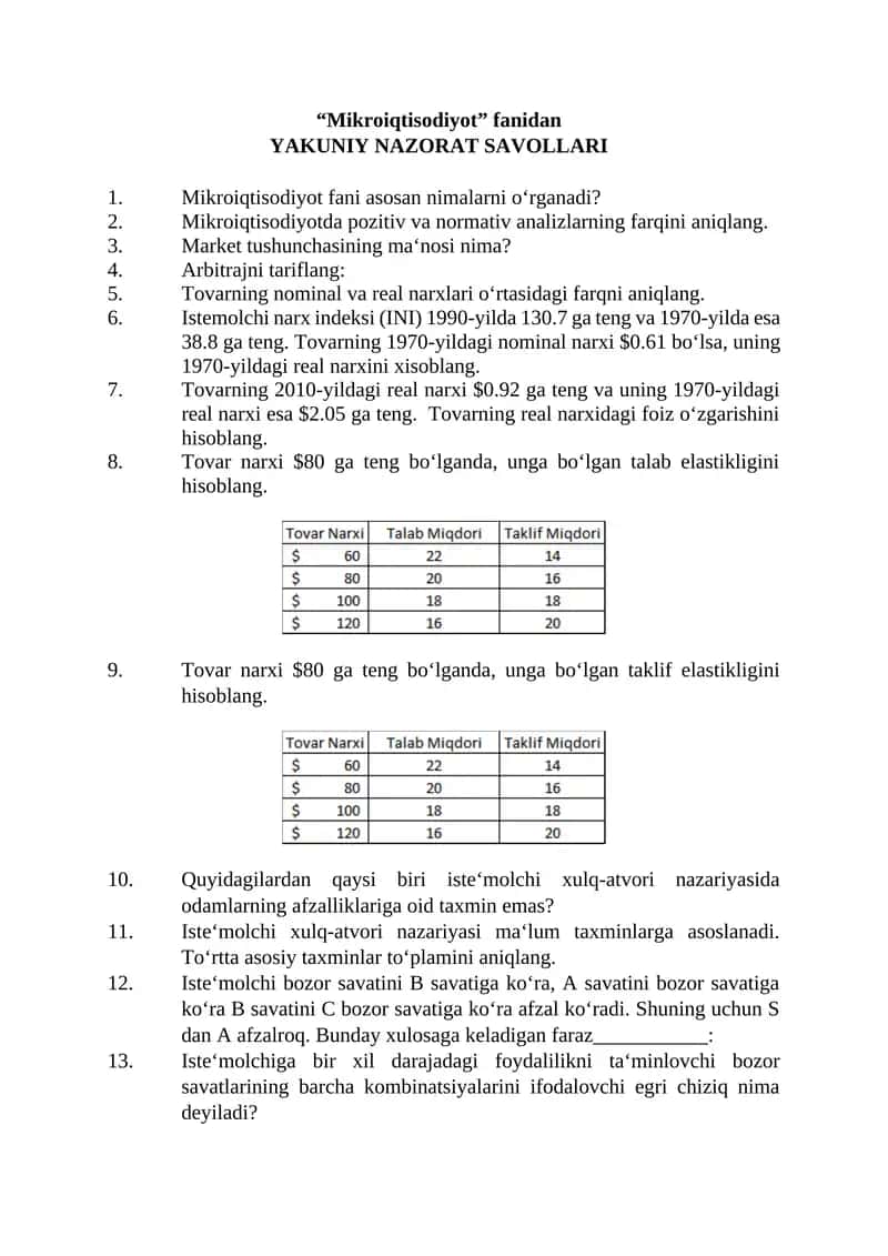 Mikroiqtisodiyot fanidan Yakuniy Nazorat Savollari 1