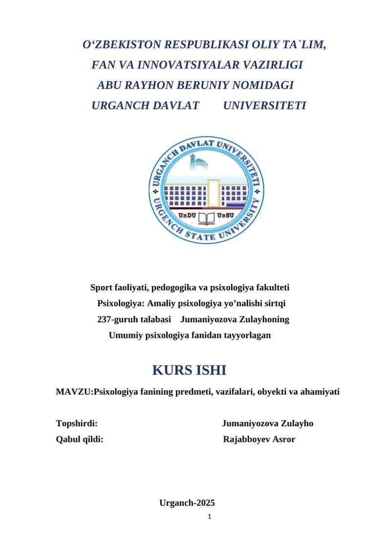 Psixologiya fanining predmeti, vazifalari, obyekti va ahamiyati 1