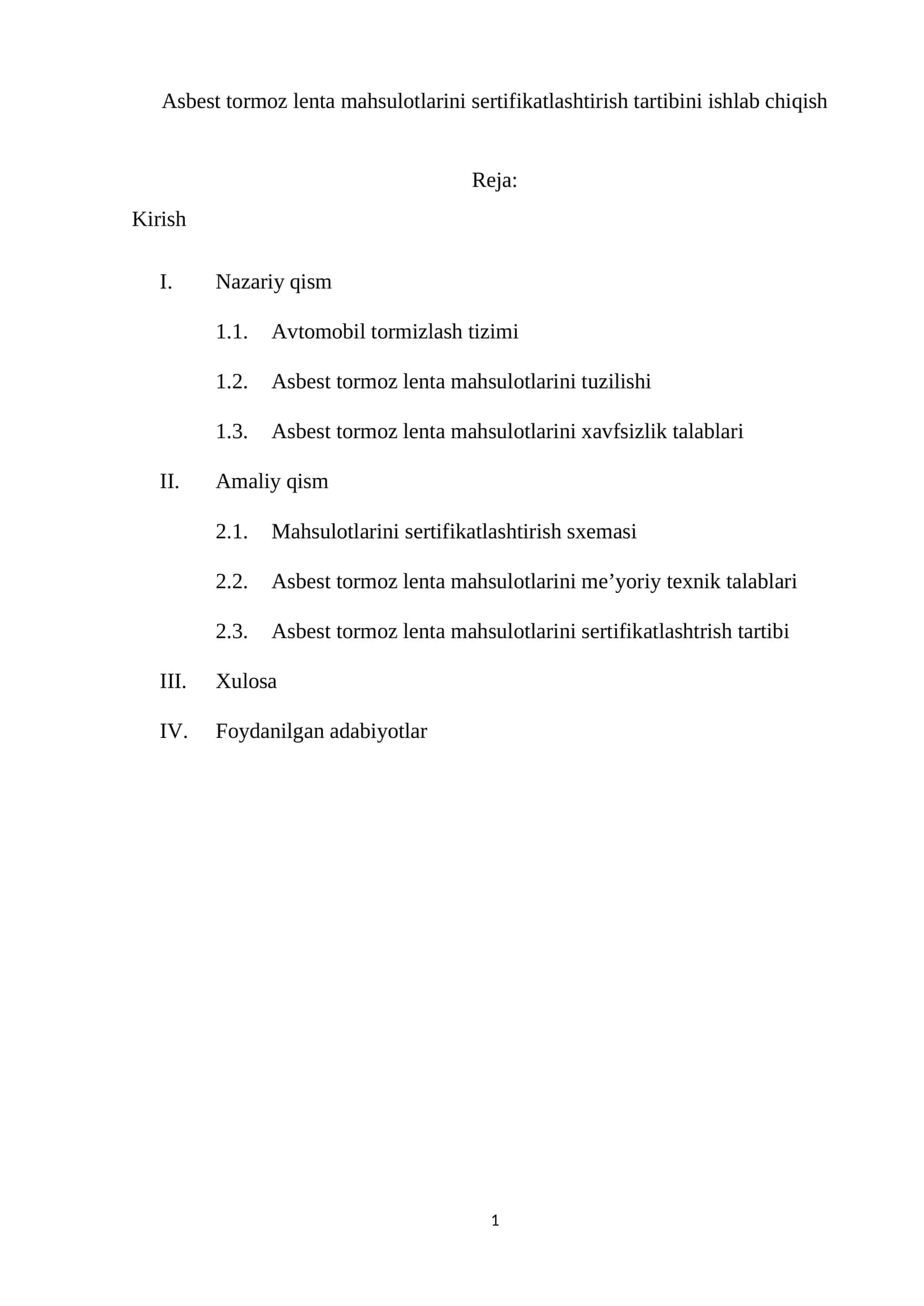 Asbest tormoz lenta mahsulotlarini sertifikatlashtirish tartibini ishlab chiqish 1