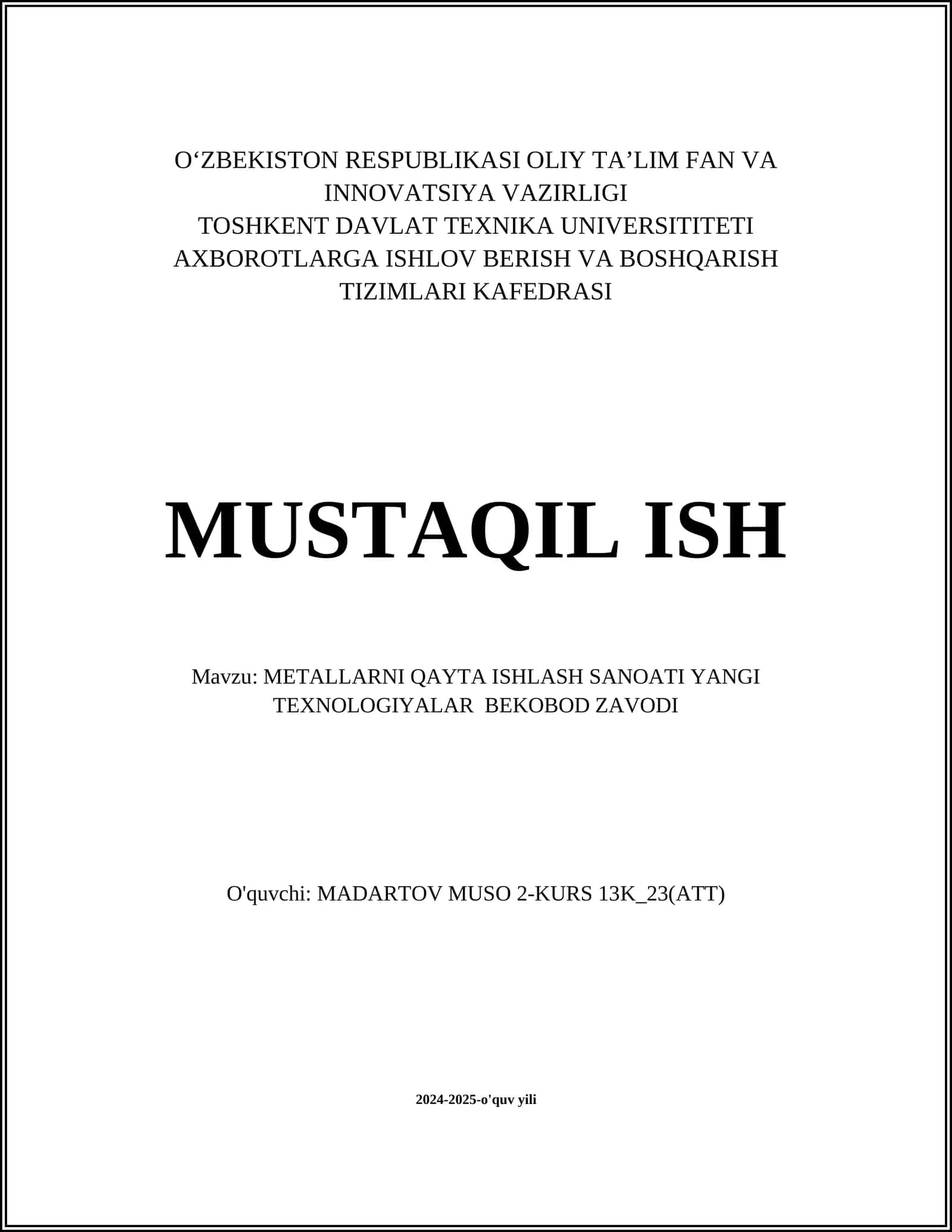 METALLARNI QAYTA ISHLASH SANOATI YANGI TEXNOLOGIYALAR BEKOBOD ZAVODI 1