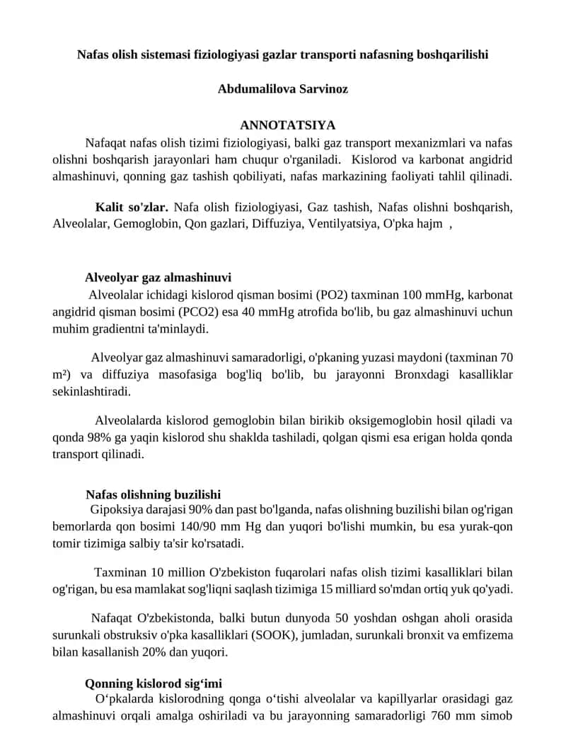 Nafas olish sistemasi fiziologiyasi gazlar transporti nafasning boshqarilishi 1