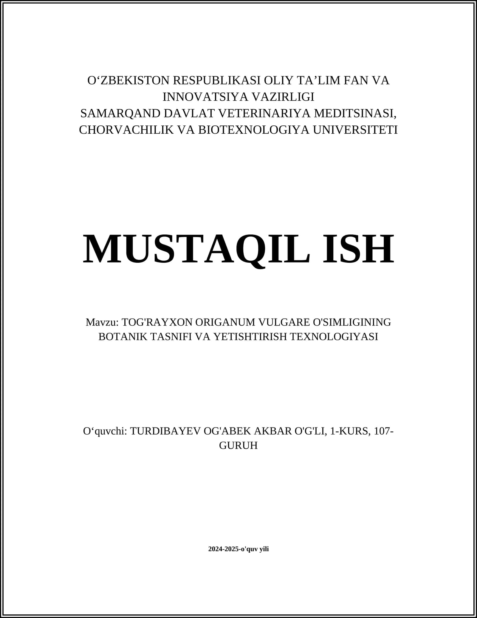 TOG'RAYXON ORIGANUM VULGARE O'SIMLIGINING BOTANIK TASNIFI VA YETISHTIRISH TEXNOLOGIYASI 1