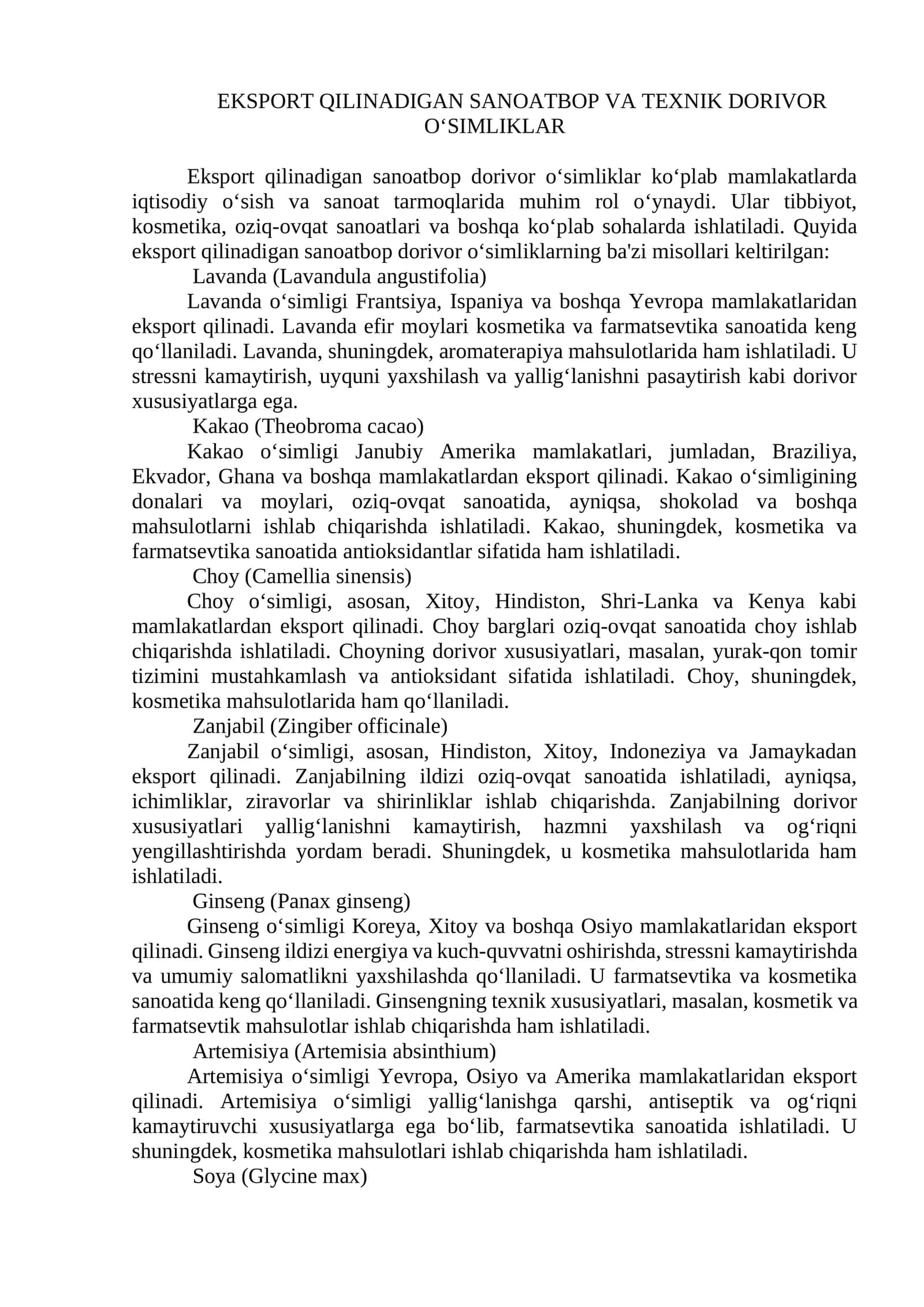 Eksport qilinadigan sanoatbop va texnik dorivormo o‘simliklar 1