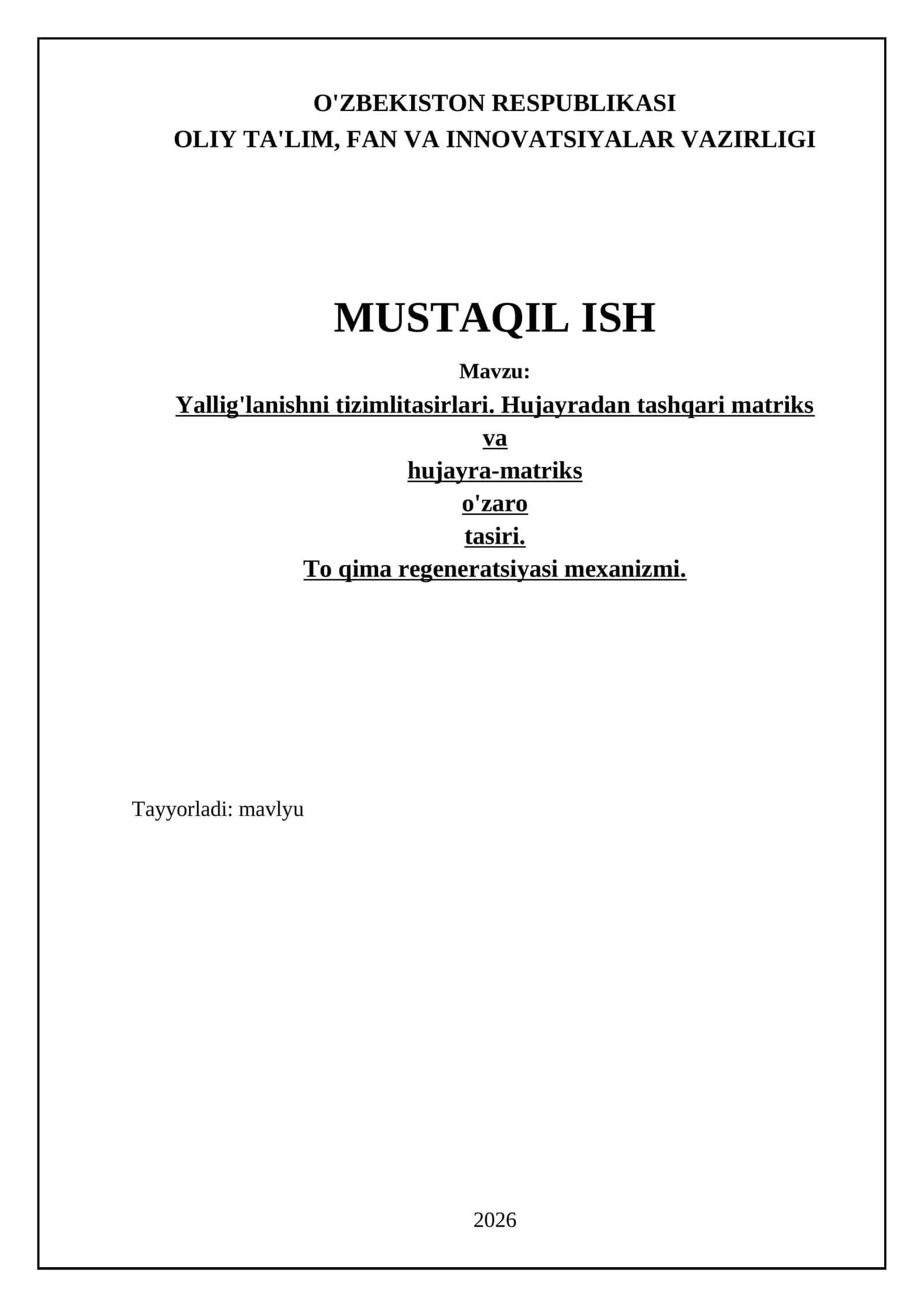 Yallig'lanishni tizimlitasirlari. Hujayradan tashqari matriks va hujayra-matriks o'zaro tasiri. To qima regeneratsiyasi mexanizmi 1