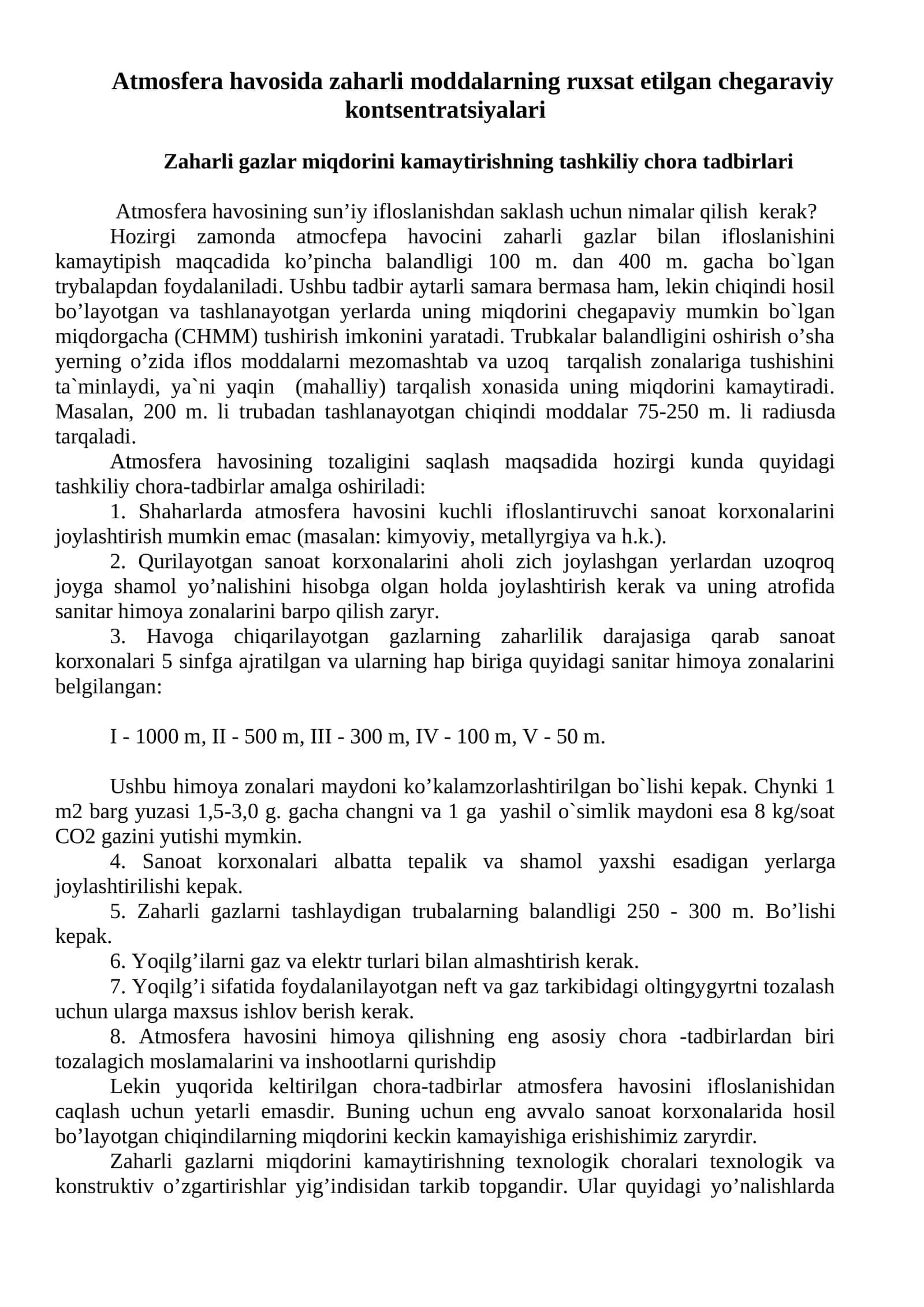 Atmosfera havosida zaharli moddalarning ruxsat etilgan chegaraviy kontsentratsiyalari 1