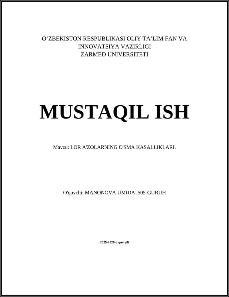 LOR A'ZOLARNING O'SMA KASALLIKLARI. 1