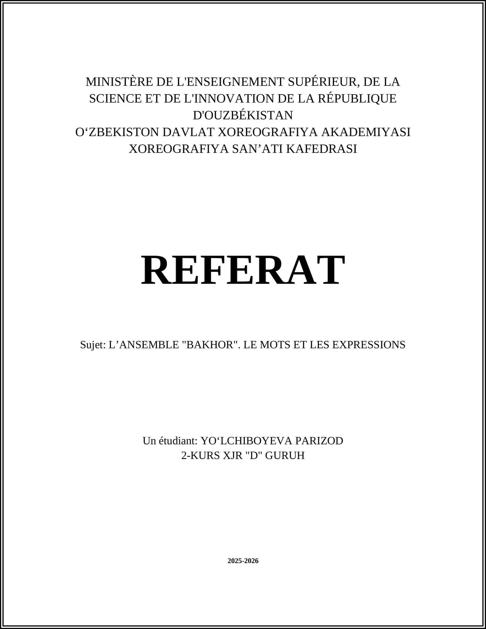 REFERAT Sujet: LʼANSEMBLE "BAKHOR". LE MOTS ET LES EXPRESSIONS 1