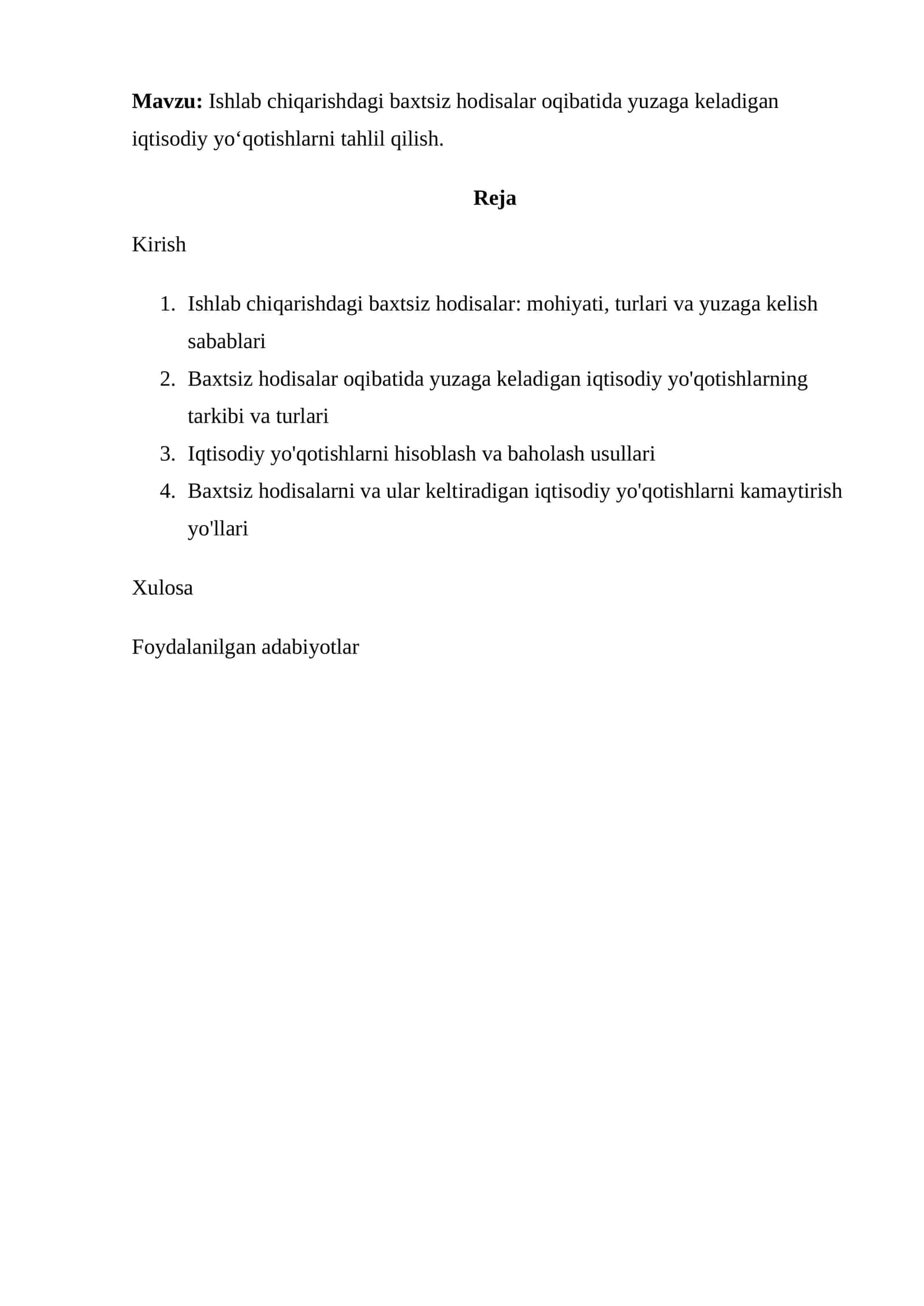 Ishlab chiqarishdagi baxtsiz hodisalar oqibatida yuzaga keladigan iqtisodiy yo‘qotishlarni tahlil qilish 1