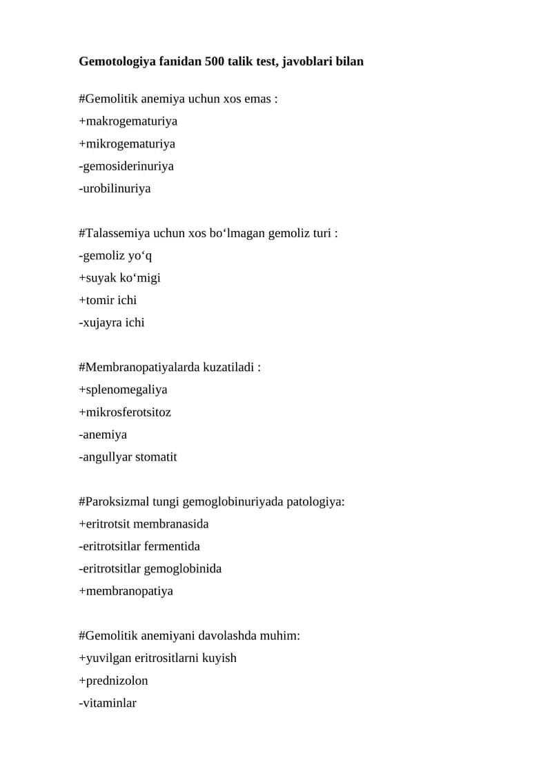Gemotologiya fanidan 500 talik test, javoblari bilan 1