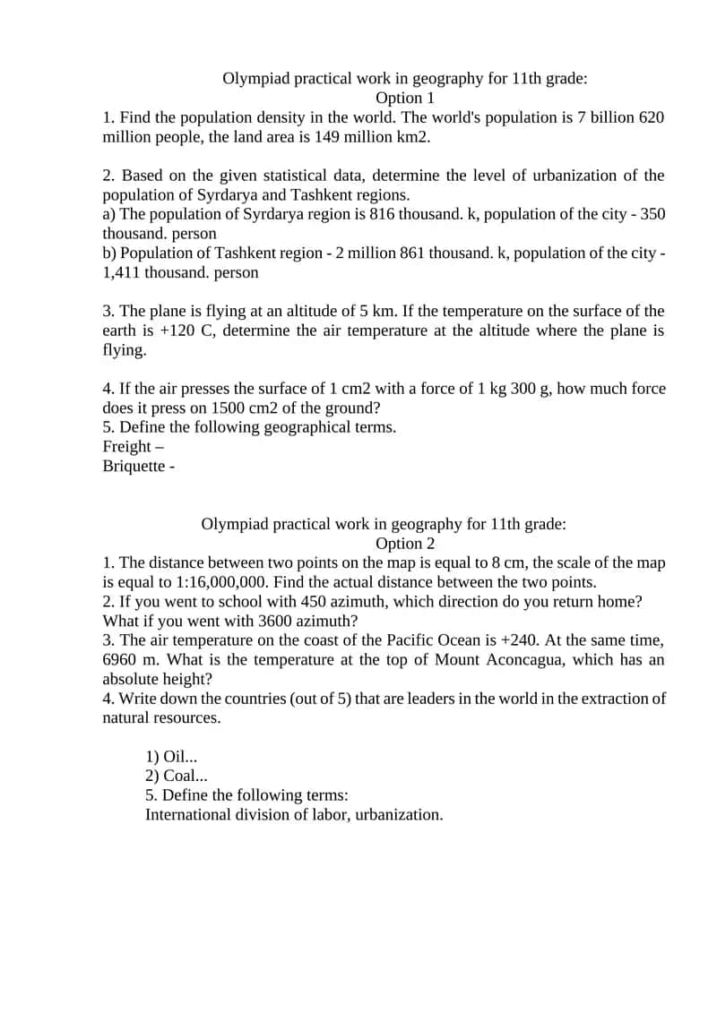 Olympiad practical work in geography for 11th grade 1