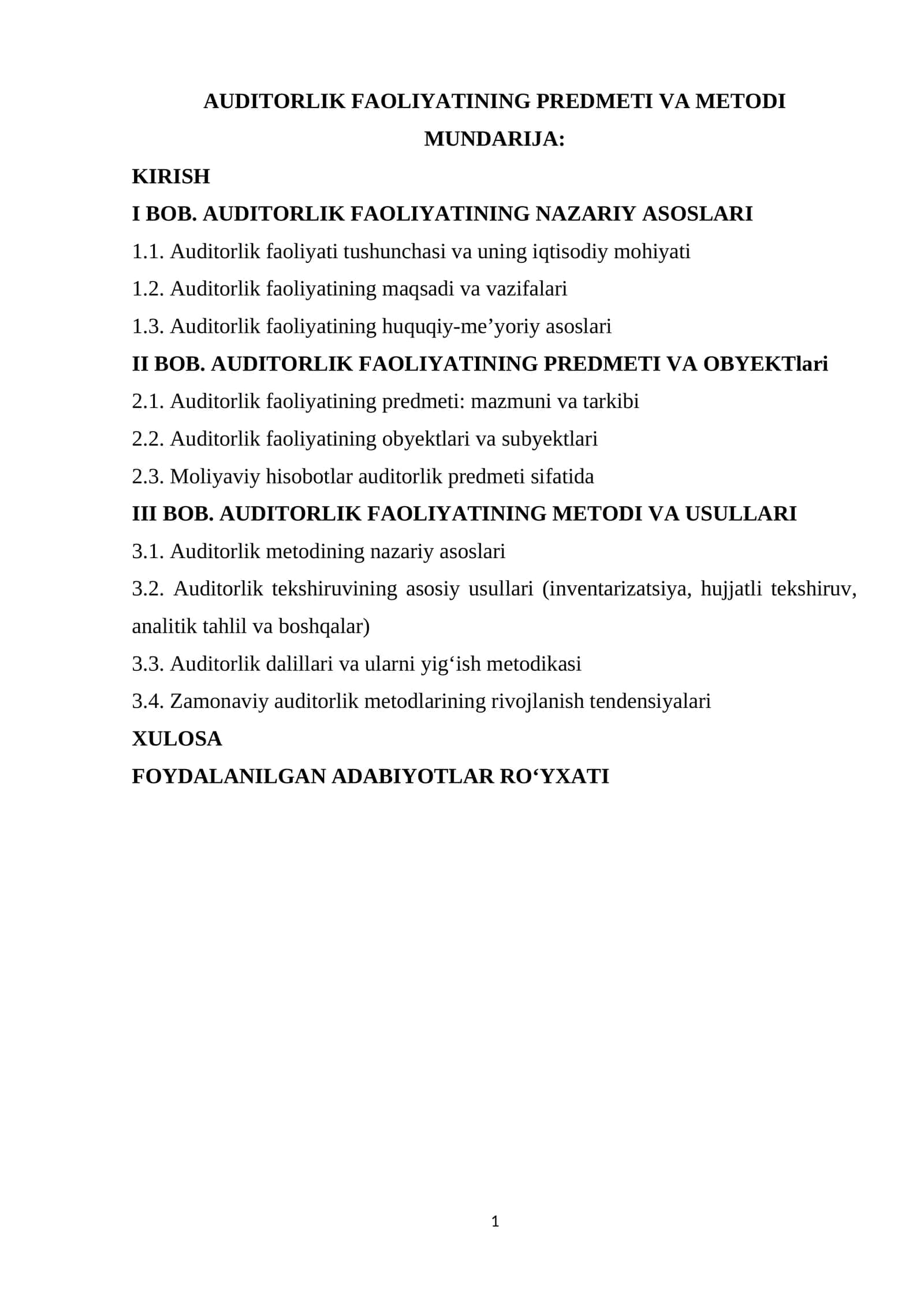 AUDITORLIK FAOLIYATINING PREDMETI VA METODI 1