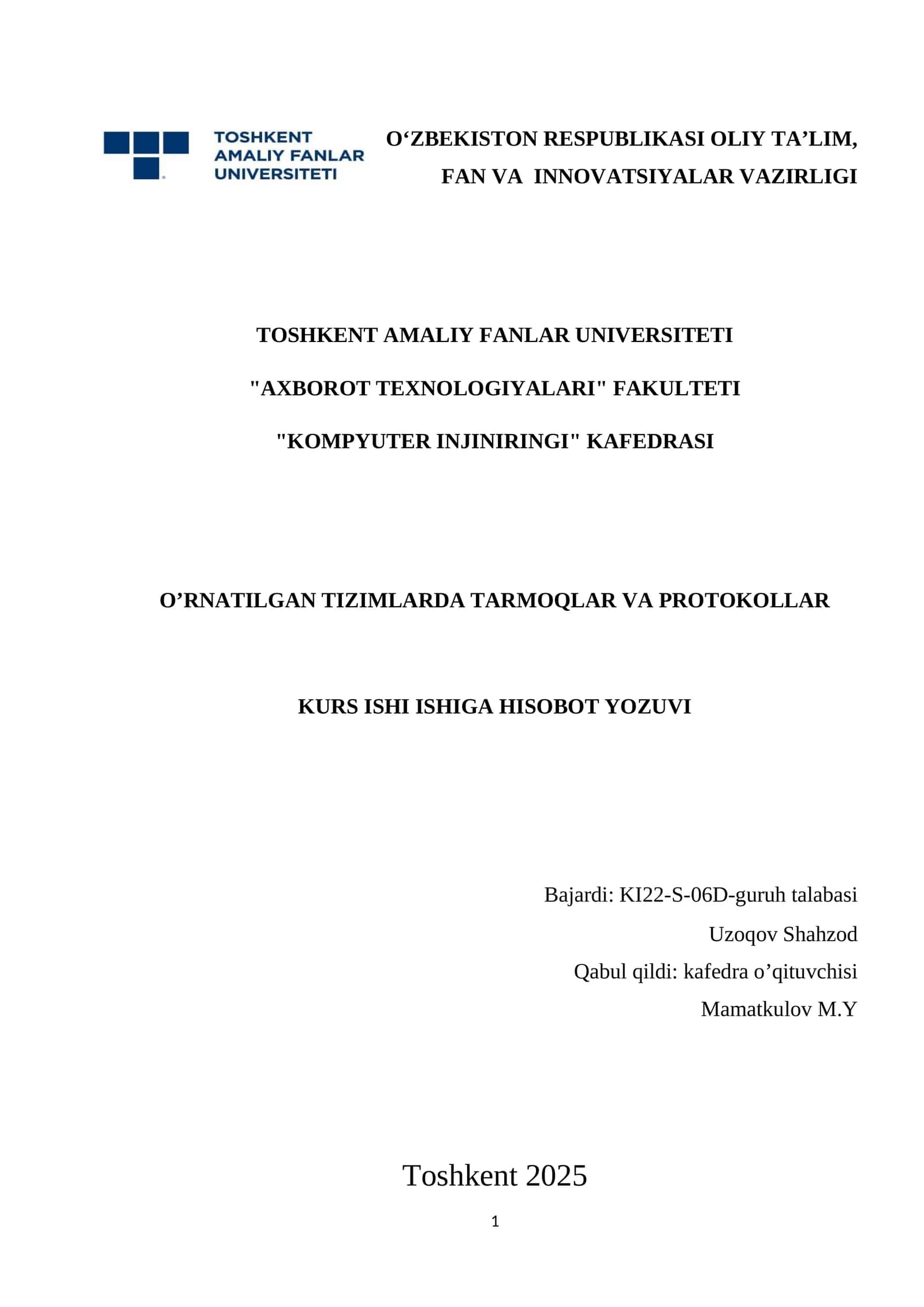O‘rnatilgan tizimlarda tarmoqlar va protokollar 1