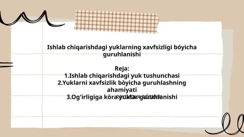 Ishlab chiqarishdagi yuklarning xavfsizligi bóyicha guruhlanishi 1
