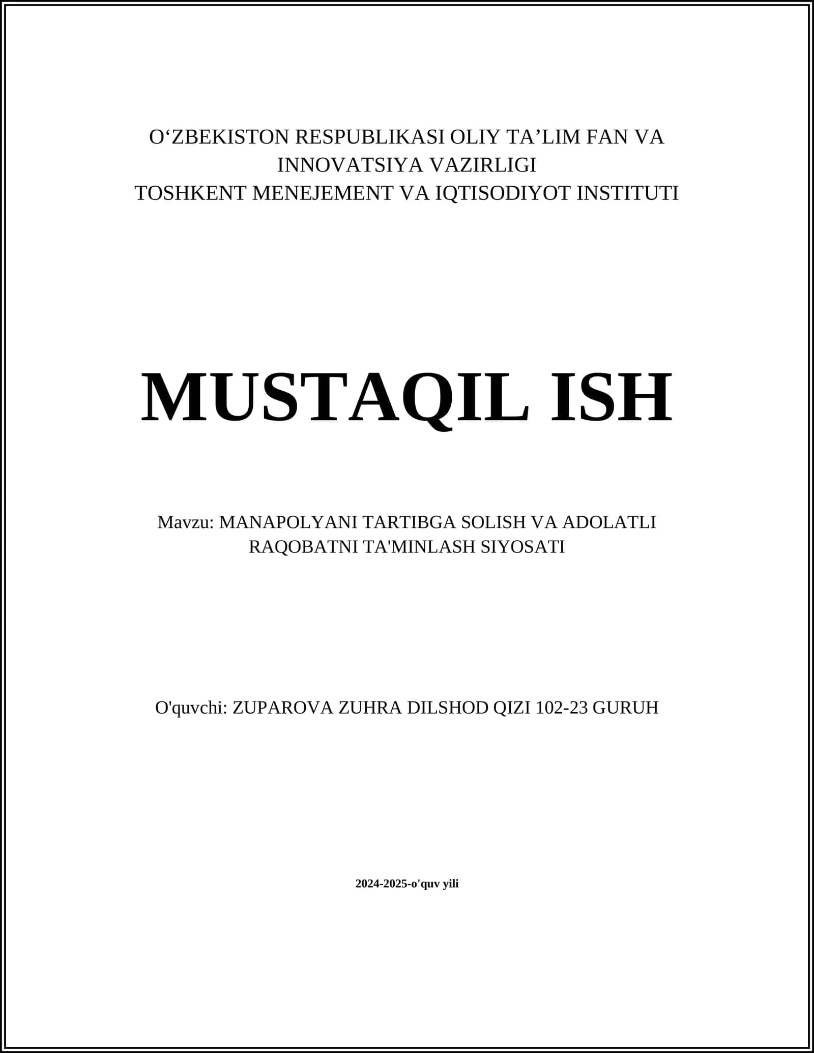 MANAPOLYANI TARTIBGA SOLISH VA ADOLATLI RAQOBATNI TA'MINLASH SIYOSATI 1