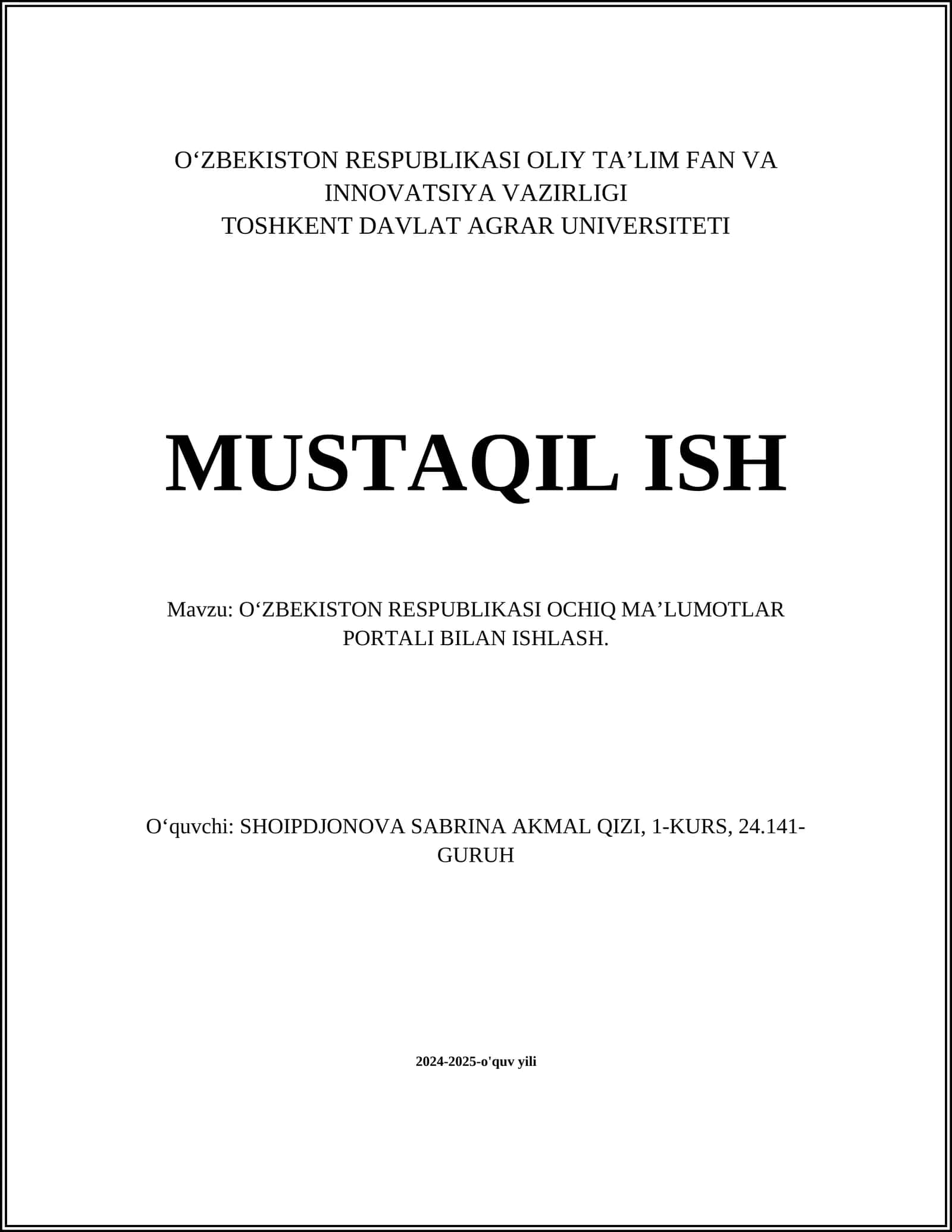 О‘ZBEKISTON RESPUBLIKASI OCHIQ MA’LUMOTLAR PORTALI BILAN ISHLASH 1