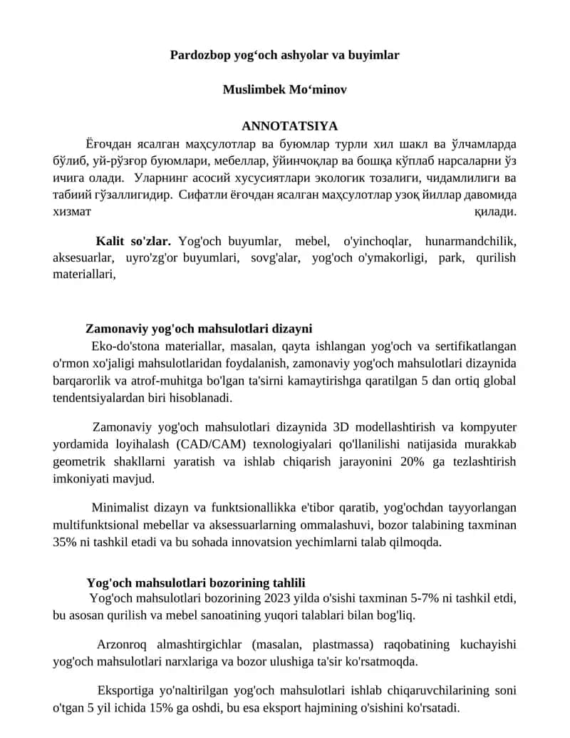Pardozbop yogʻoch ashyolar va buyimlar 1