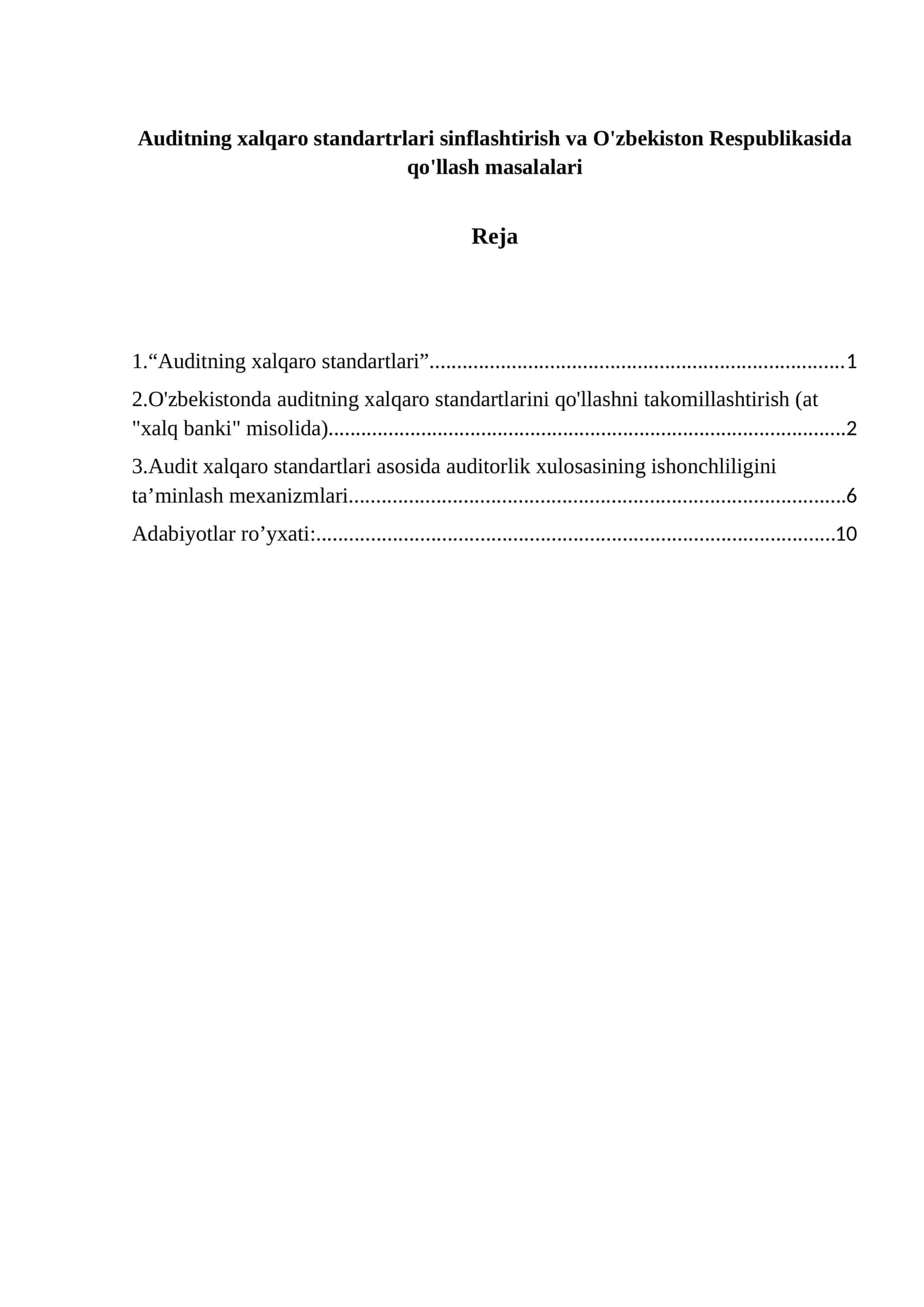 Auditning xalqaro standartrlari sinflashtirish va O'zbekiston Respublikasida qo'llash masalalari 1