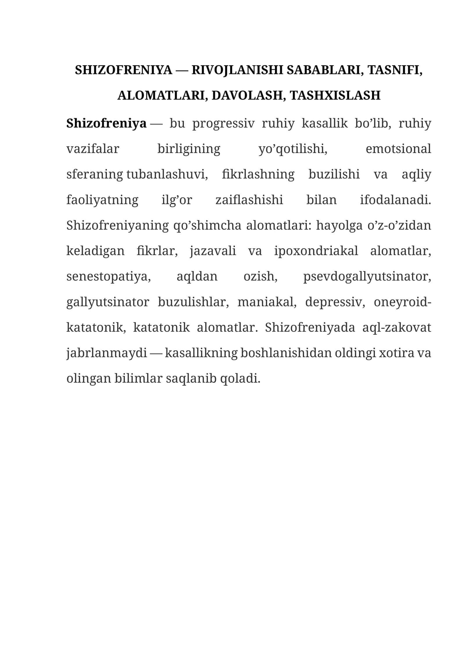 SHIZOFRENIYA — RIVOJLANISHI SABABLARI, TASNIFI, ALOMATLARI, DAVOLASH, TASHXISLASH 1