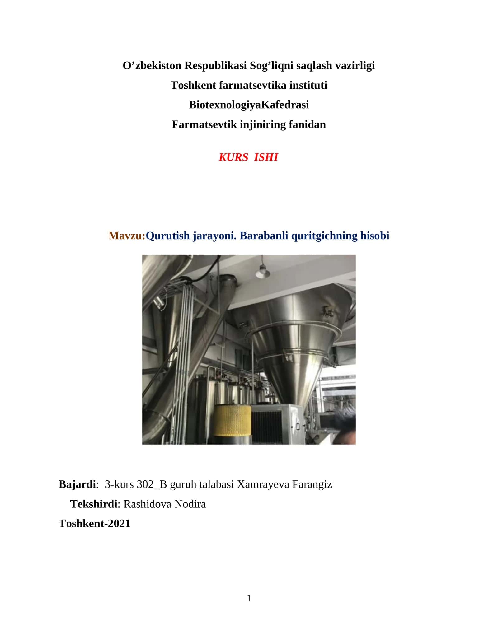 Qurutish jarayoni. Barabanli quritgichning hisobi 1
