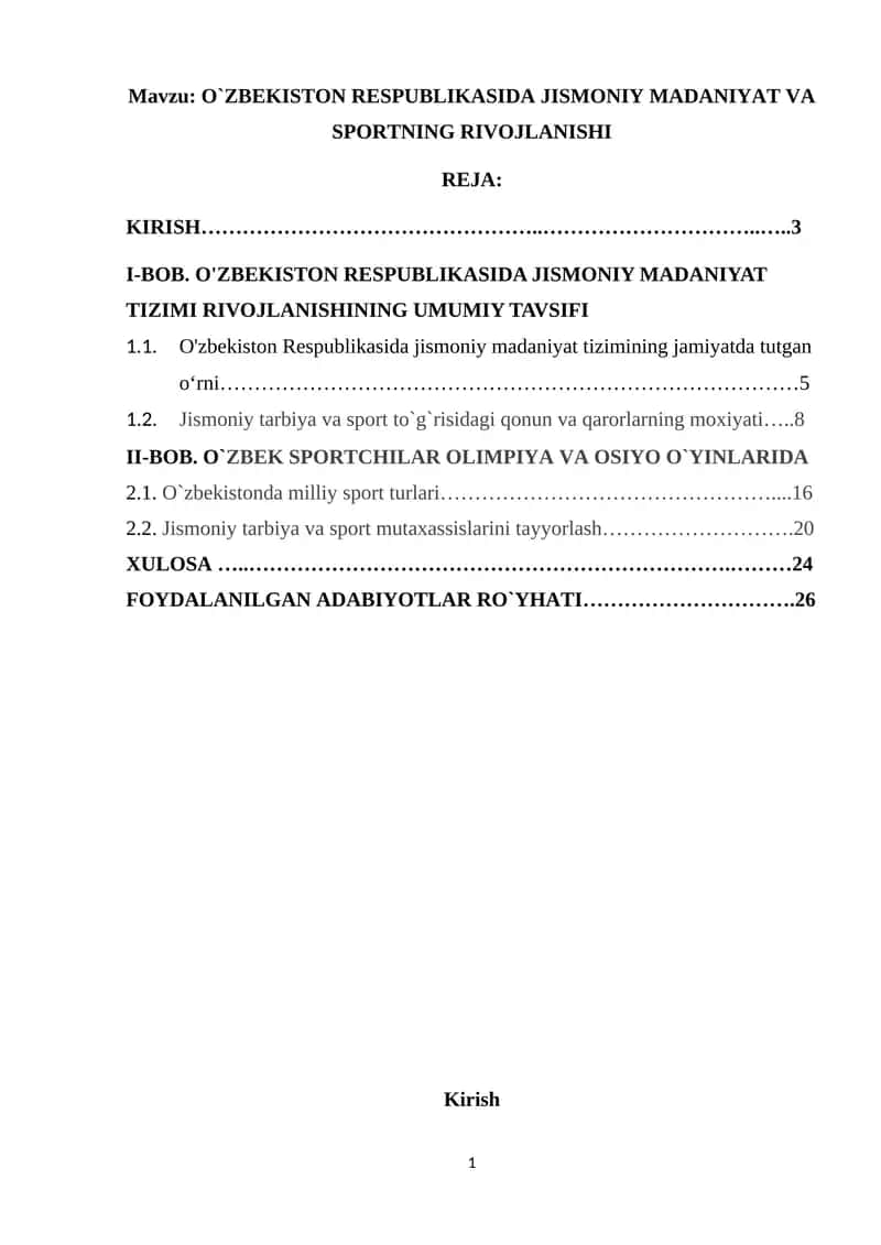O`ZBEKISTON RESPUBLIKASIDA JISMONIY MADANIYAT VA SPORTNING RIVOJLANISHI 1