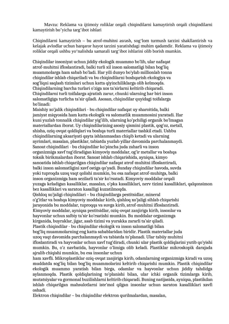 Reklama va ijtimoiy roliklar orqali chiqindilarni kamaytirish orqali chiqindilarni kamaytirish bo’yicha targ’ibot ishlari 1