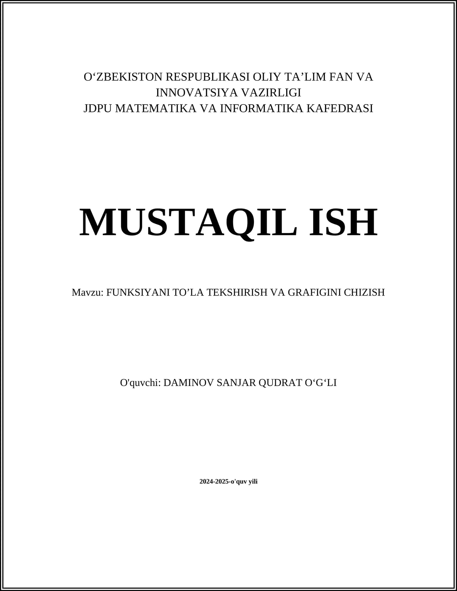 FUNKSIYANI TO’LA TEKSHIRISH VA GRAFIGINI CHIZISH 1