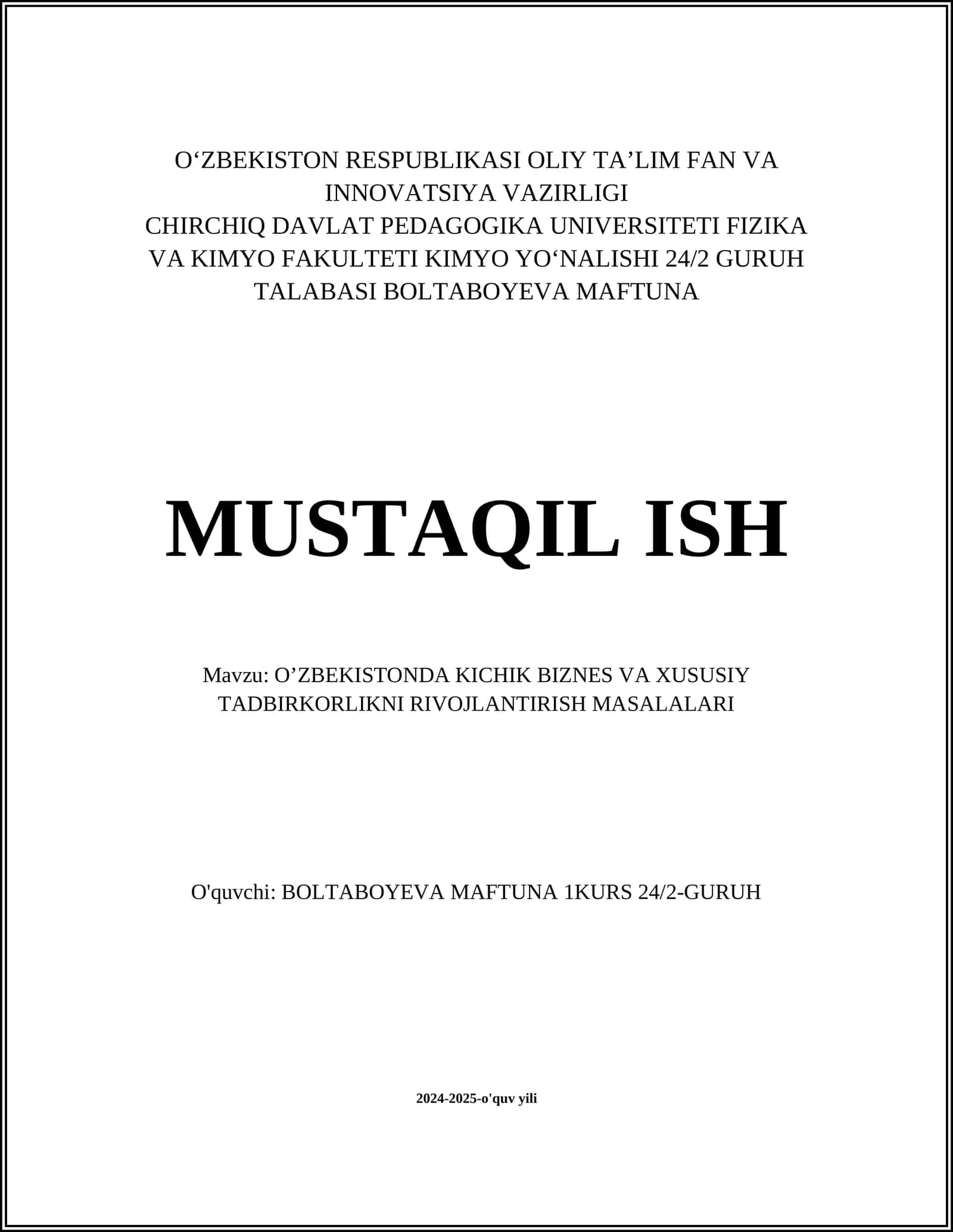 O’ZBEKISTONDA KICHIK BIZNES VA XUSUSIY TADBIRKORLIKNI RIVOJLANTIRISH MASALALARI 1