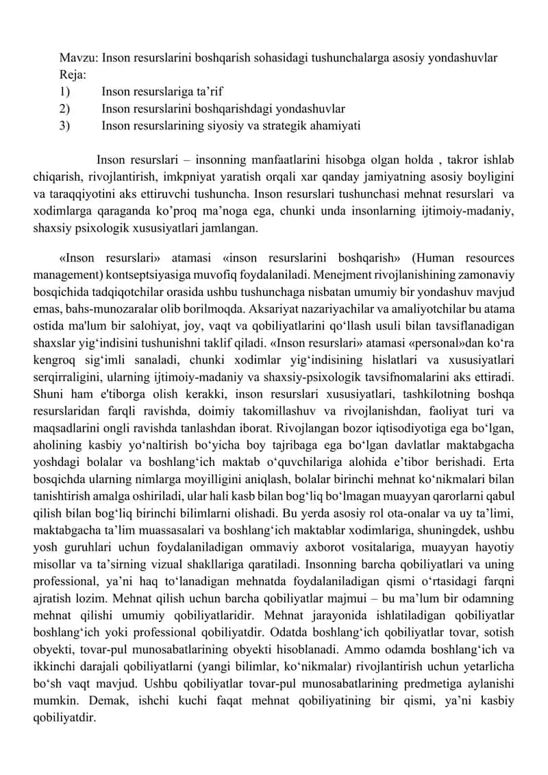 Inson resurslarini boshqarish sohasidagi tushunchalarga asosiy yondashuvlar 1