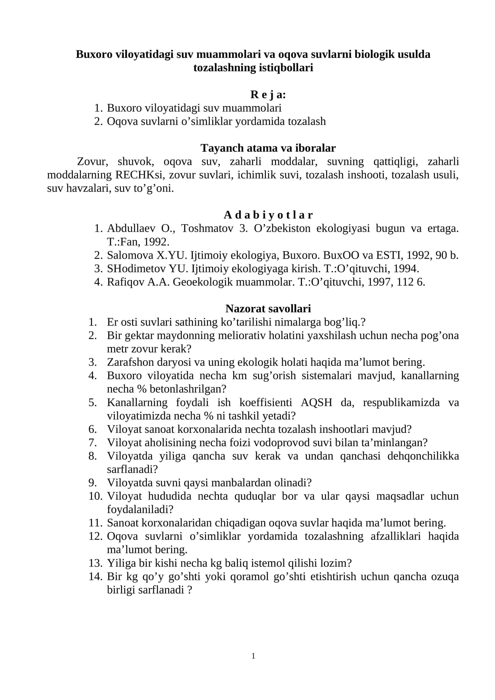 Buxoro viloyatidagi suv muammolari va oqova suvlarni biologik usulda tozalashning istiqbollari 1