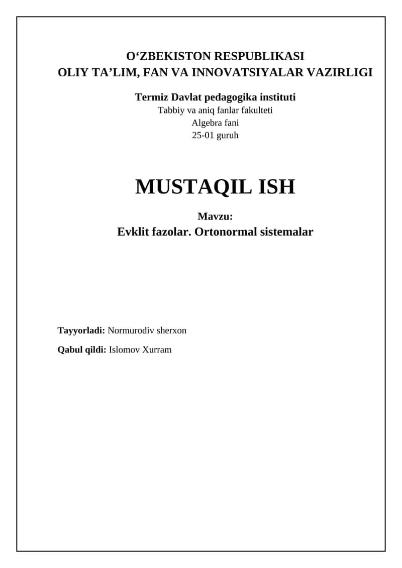 Evklid fazolari va Ortonormal sistemalar 1