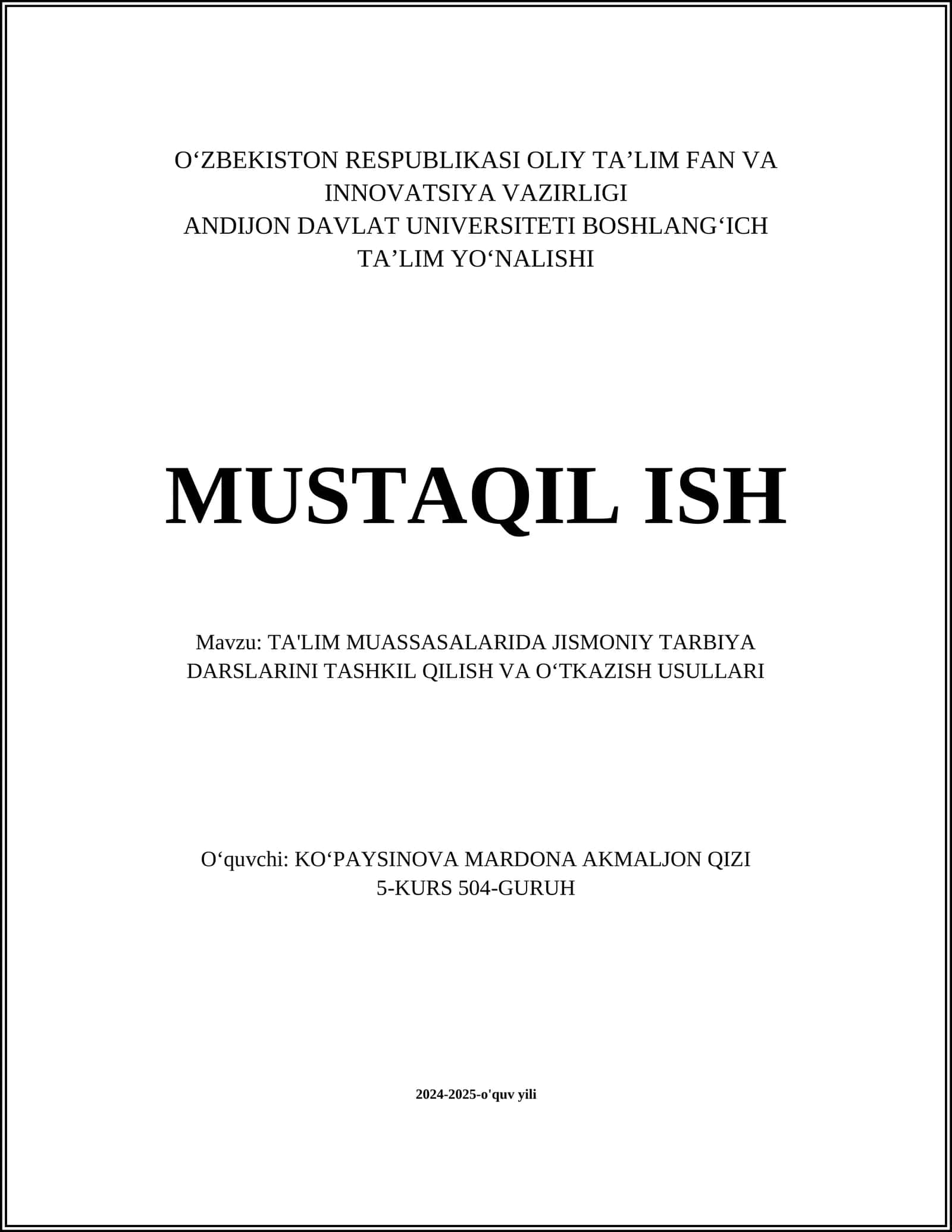 TA'LIM MUASSASALARIDA JISMONIY TARBIYA DARSLARINI TASHKIL QILISH VA OʻTKAZISH USULLARI 1