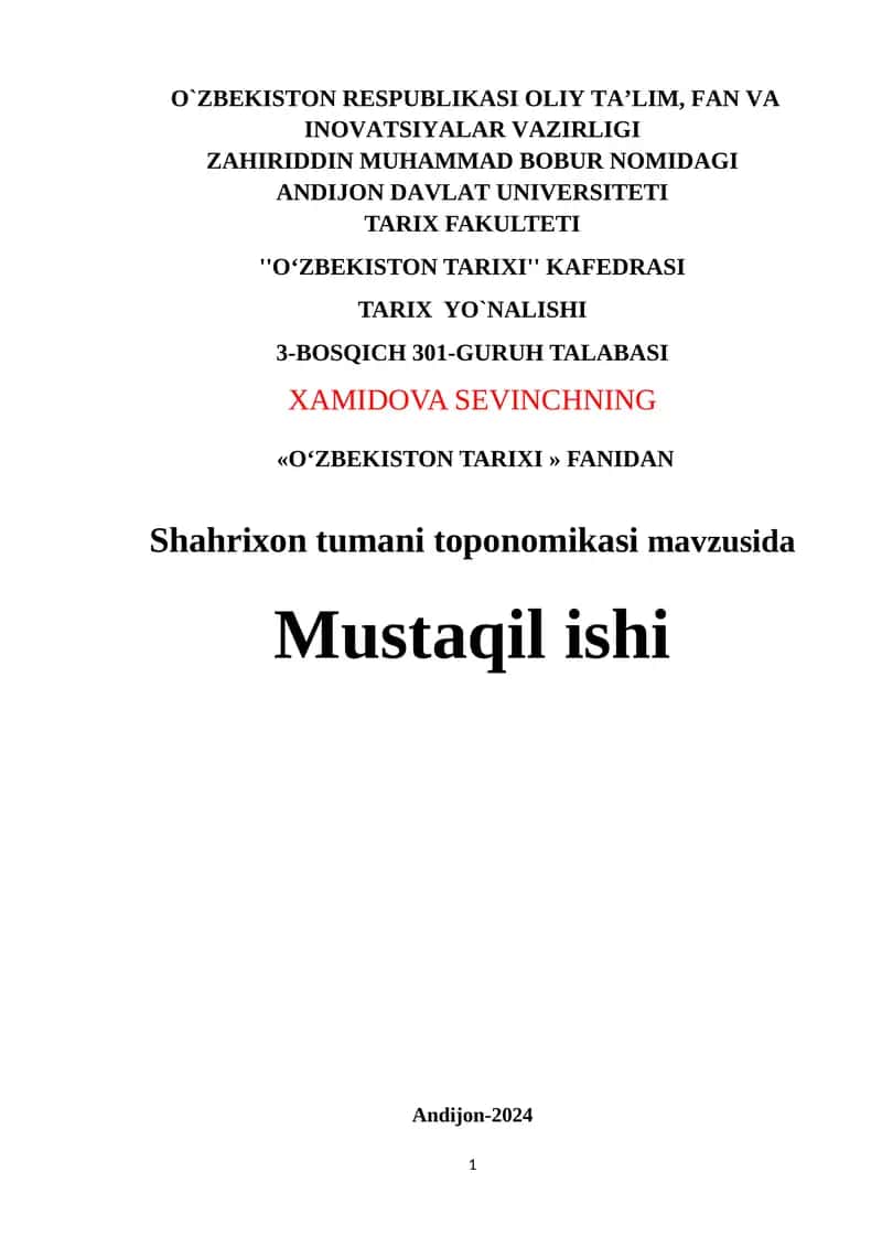 Shahrixon tumani toponomikasi mavzusida 1