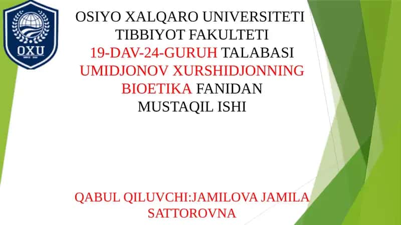 UMIDJON XURSHIDJONNING BIOETIKA FANIDAN MUSTAQIL ISHI 1