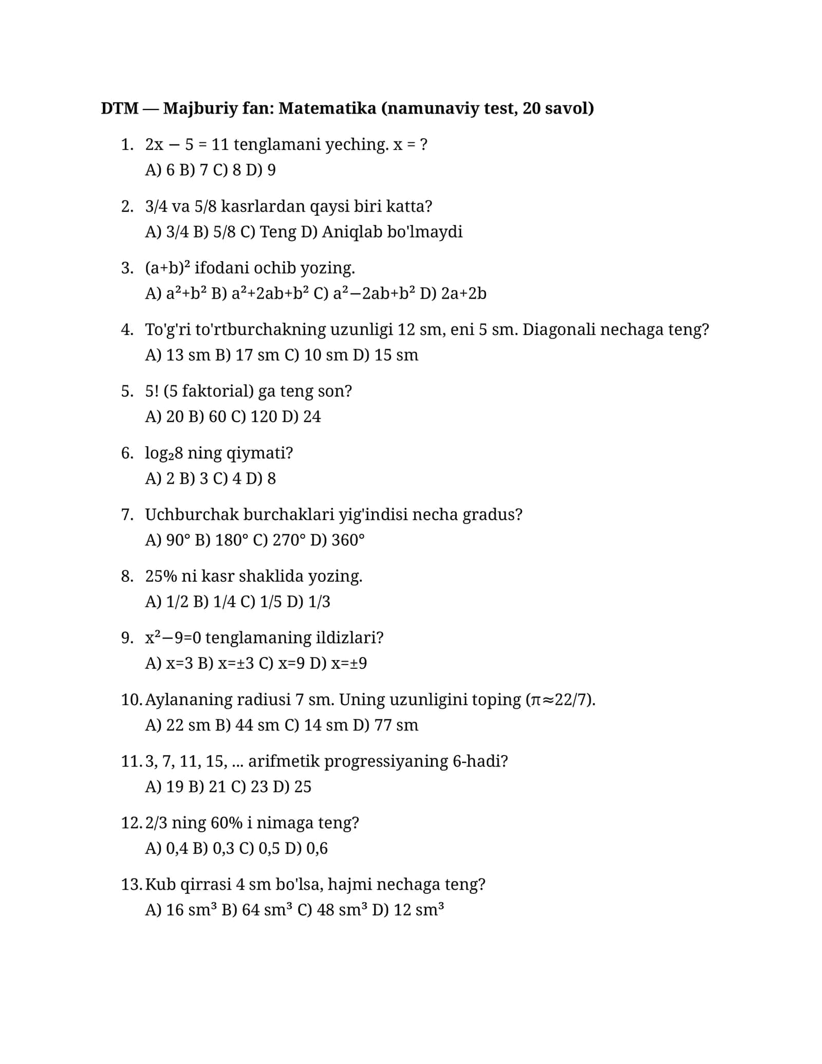 Majburiy fan: Matematika (namunaviy test) 1