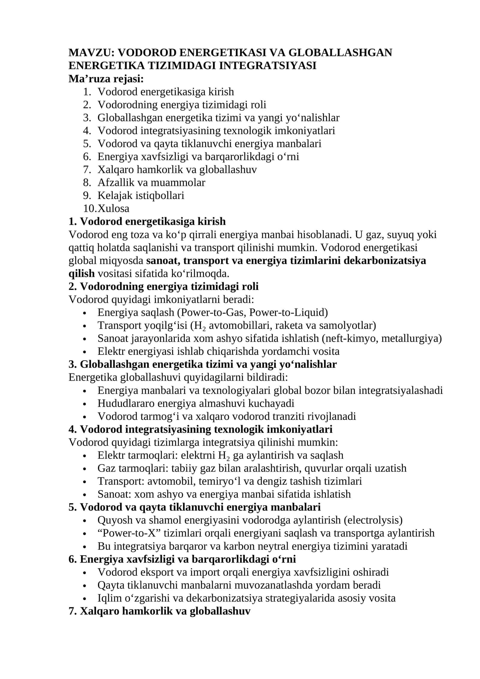VODOROD ENERGETIKASI VA GLOBALLASHGAN ENERGETIKA TIZIMIDAGI INTEGRATSIYASI 1